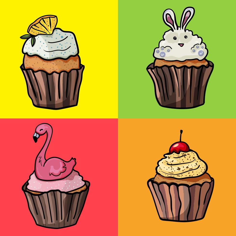 Set aus vier Cupcakes Flamingo, Hase, Zitrone und Kirsche vektor