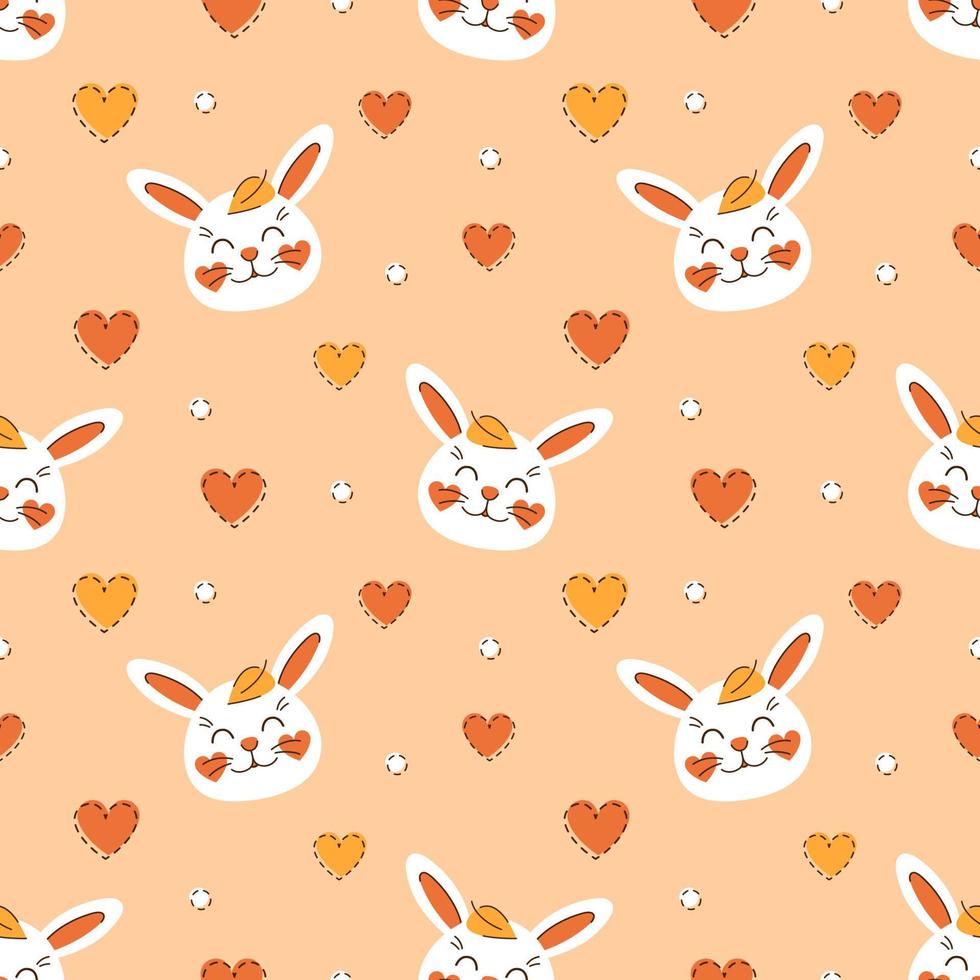 Herbst Musterdesign süße Kaninchen mit abgefallenen Blättern und Herzen auf orangefarbenem Hintergrund. weißes glückliches Häschen. Kindervektorillustration für Gewebe, Gewebe, Tapete vektor