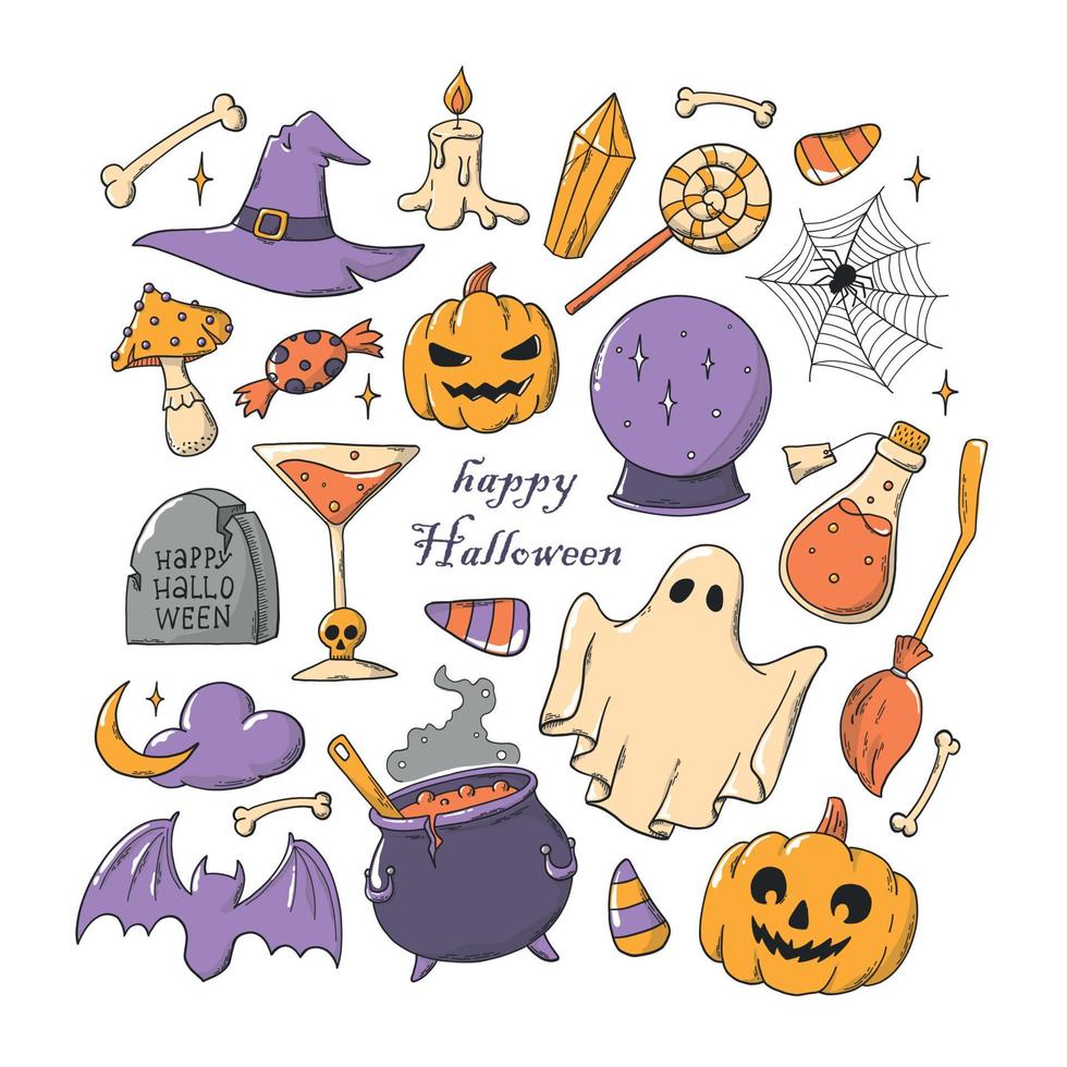 Satz von Halloween-Doodles isoliert auf weißem Hintergrund für Aufkleber, Cliparts, Drucke, Planer, Grußkarten, Poster, Schilder, Sublimation usw. eps 10 vektor