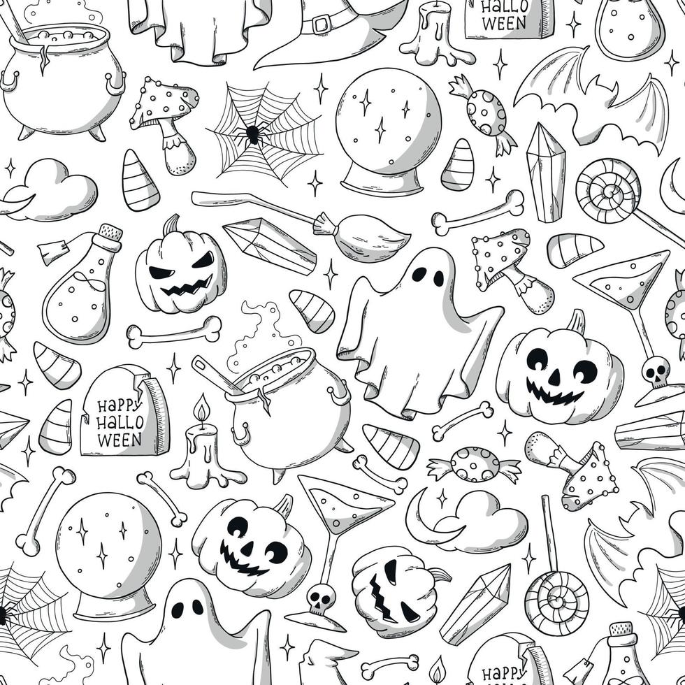 halloween nahtloses muster mit handgezeichneten kritzeleien zum ausmalen von seiten, geschenkpapier, tapeten, hintergründen, textildrucken, scrapbooking, sublimation usw. eps 10 vektor