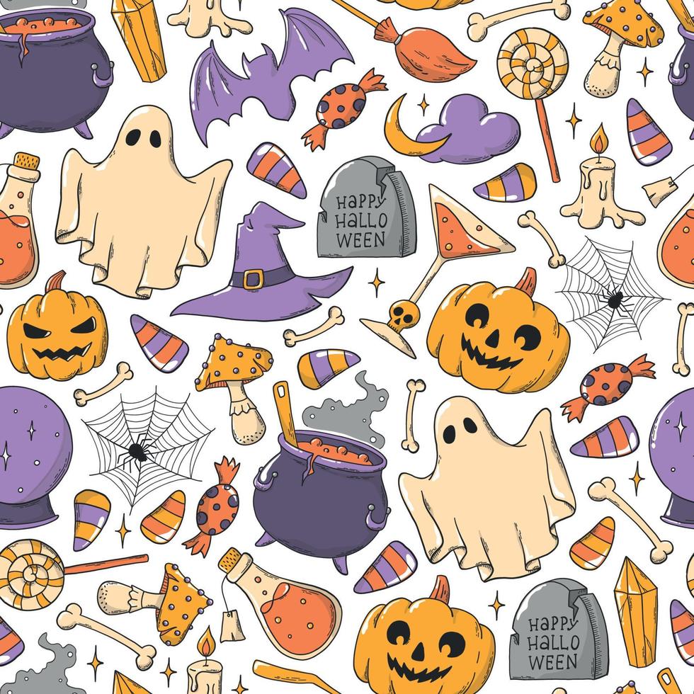 halloween nahtloses muster mit handgezeichneten kritzeleien für verpackungspapier, scrapbooking, verpackung, drucke, tapeten usw. eps 10 vektor