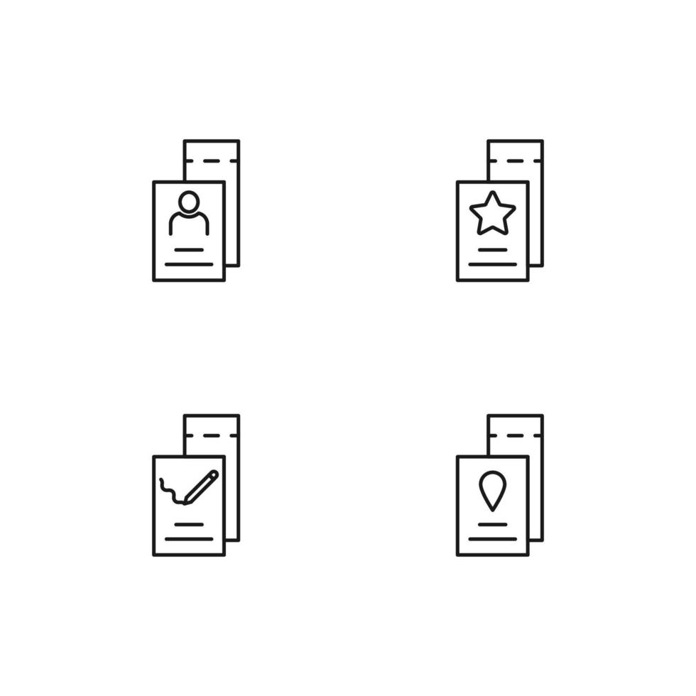 svartvit element perfekt för annonser, butiker, design etc. redigerbar stroke. vektor linje ikon uppsättning med symboler av användare, stjärna, skrivning penna på biljett