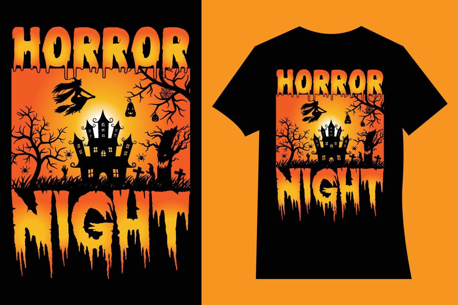 Horror-Nacht-Halloween-T-Shirt-Design-Vektor-Cartoon-Stil-Illustration von Kürbis, Hexenkatze und Fledermäusen, einzeln auf schwarzem Hintergrund. Druck für T-Shirts, Tassen und Kaffeetassen, Karten und Rahmengrafiken vektor