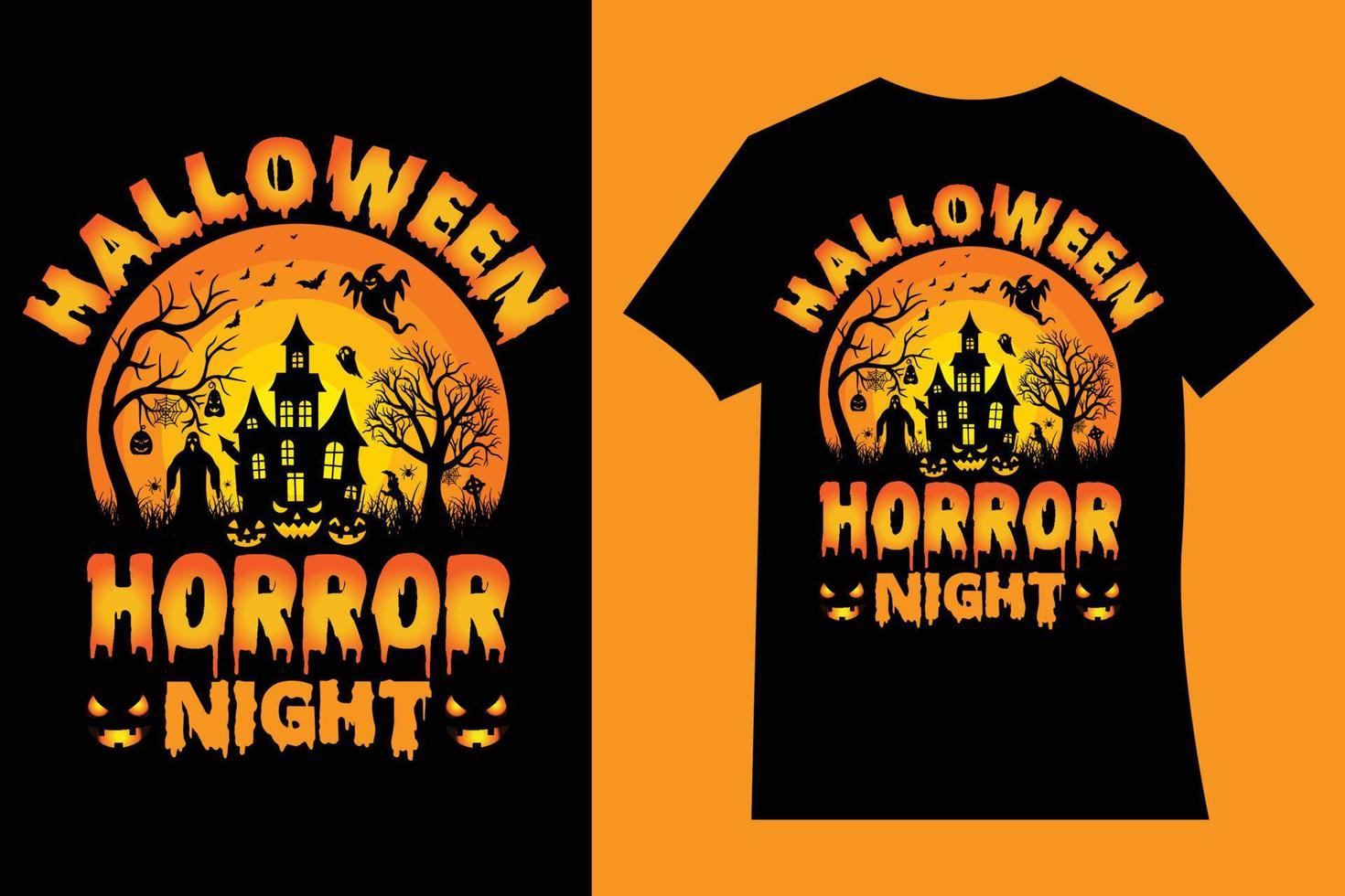 Halloween-Horror-Nacht-T-Shirt-Designvektorkarikaturartillustration des Kürbises, der Hexenkatze und der Fledermäuse, lokalisiert auf schwarzem Hintergrund. Druck für T-Shirts, Tassen und Kaffeetassen. vektor