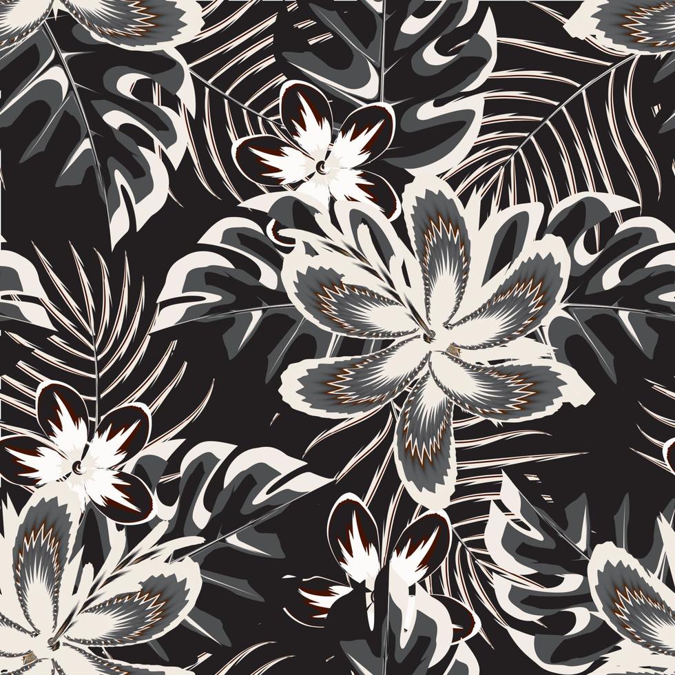 årgång abstrakt tropisk blommig sömlös mönster modern textur design med monstera handflatan löv och växter lövverk på natt bakgrund. blommig bakgrund. exotisk tropikerna. sommar design. vektor