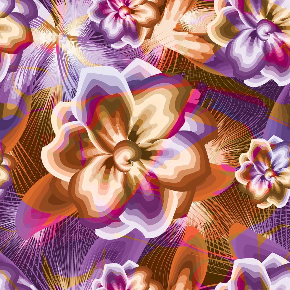 bunte tropische Blumen nahtlose Muster auf Grunge backgroud. Jasmin Blumenmuster. lila und orangefarbener Hintergrund. Blumenhintergrund. Tropen auf abstraktem Hintergrund. exotische Tropen. Sommerdesign vektor