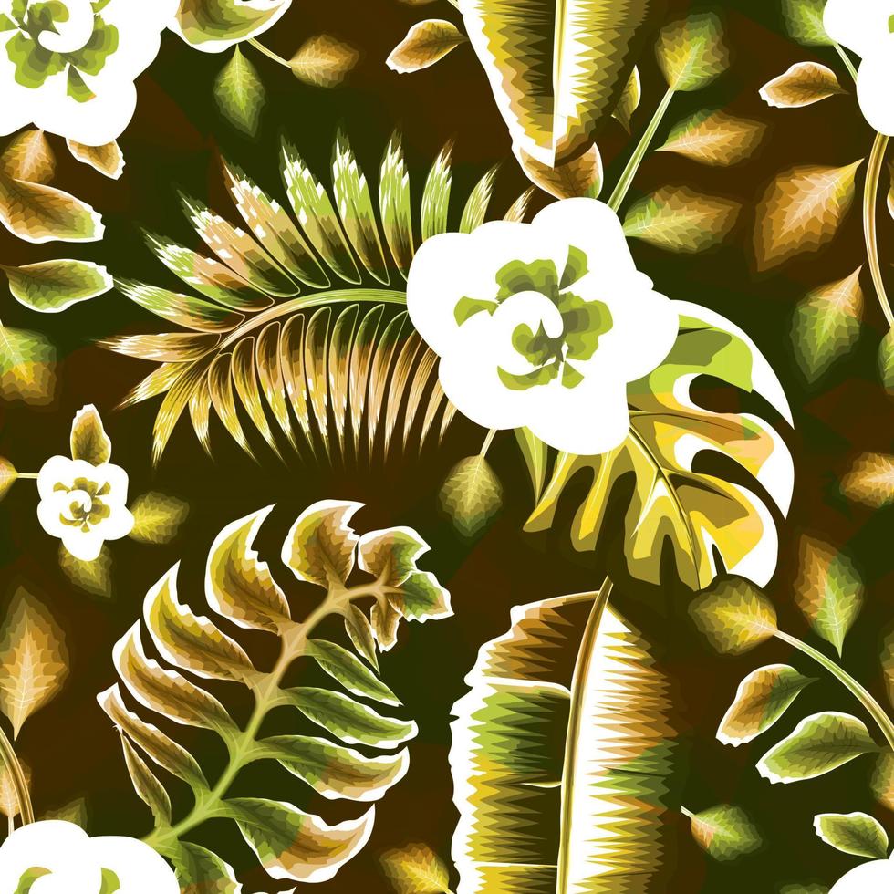 grön årgång Färg tropisk blommig sömlös mönster med färgrik växter löv och lövverk på abstrakt bakgrund. botanisk mönster. natur bakgrund. djungel prydnad. tropisk tapet. höst vektor