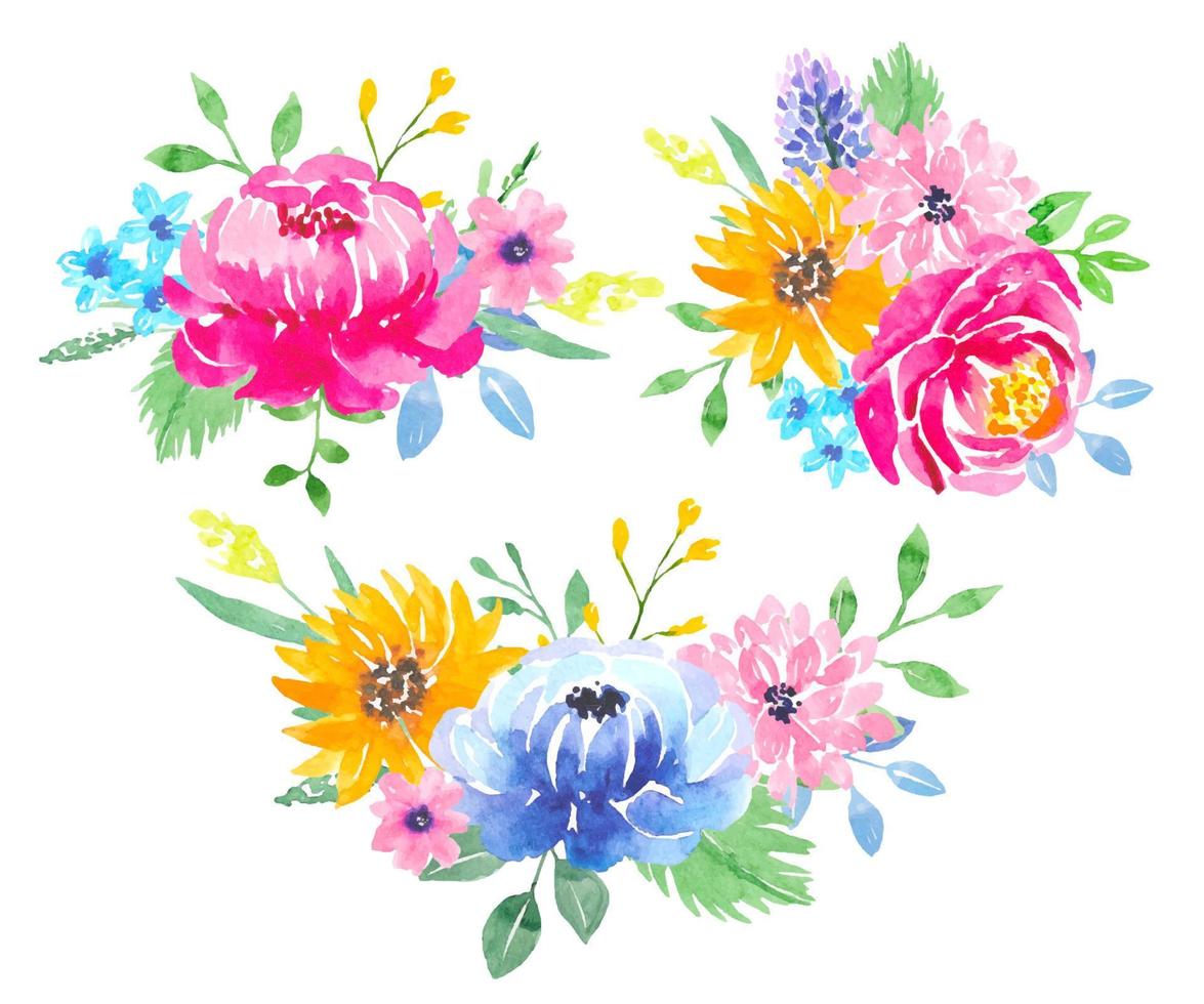 akvarell blombuketter av färgglada blommor vektor
