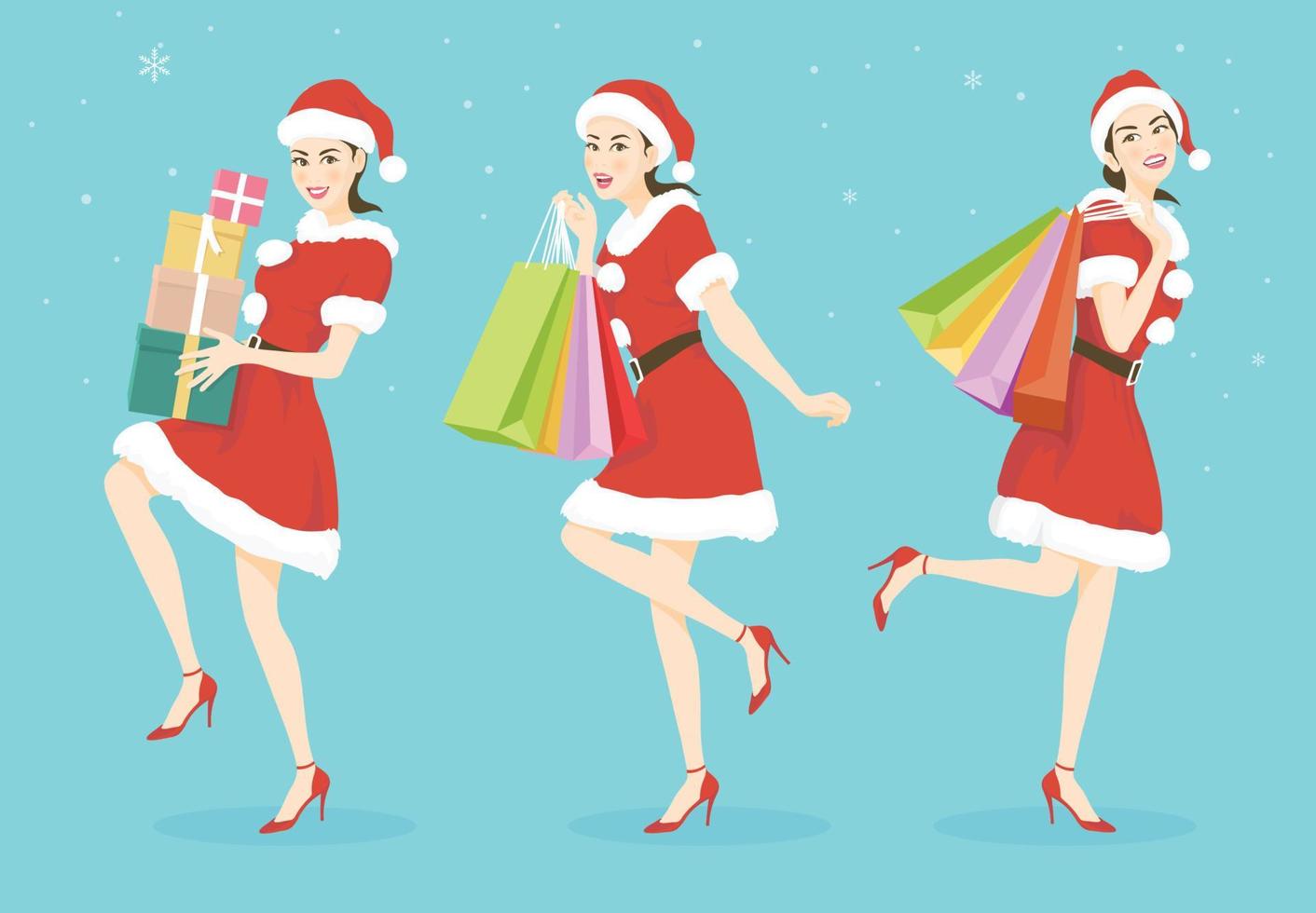 vektor illustration samling uppsättning med en skön kvinna i santa claus kostym innehav handla påsar eller gåva lådor av de glad jul och Lycklig ny år