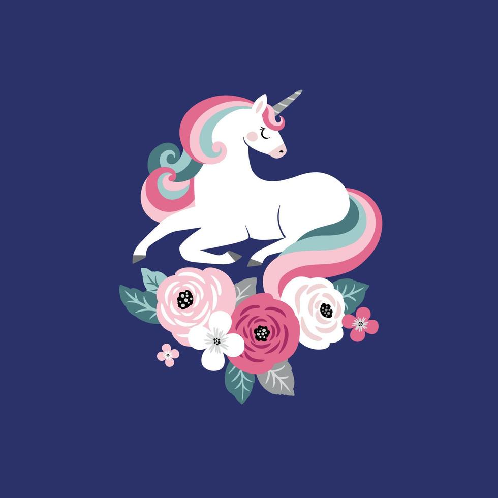 süßes Einhorn mit Vintage-Blumen auf dunkelblauem Hintergrund. perfekt für t-shirt-logo, grußkarte, poster, einladung oder druckkindergartendesign. vektor