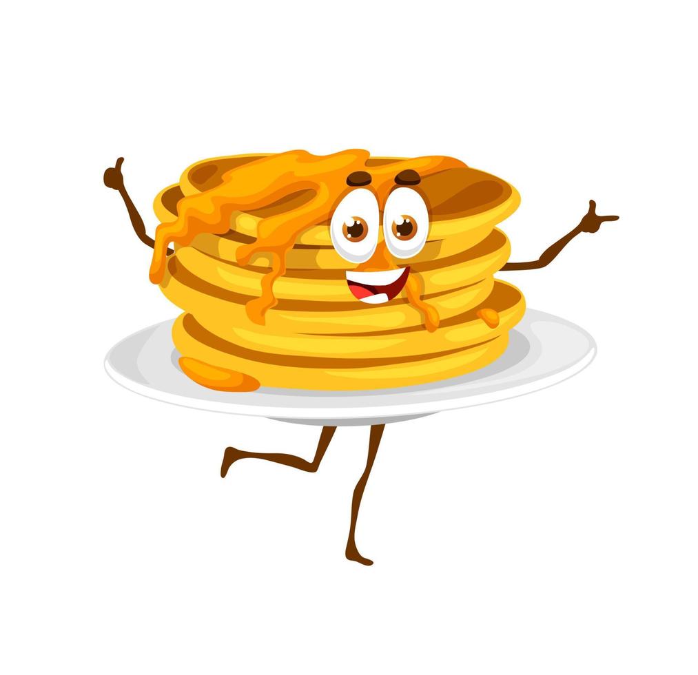 Pfannkuchen-Zeichentrickfigur mit Honig, Dessert vektor