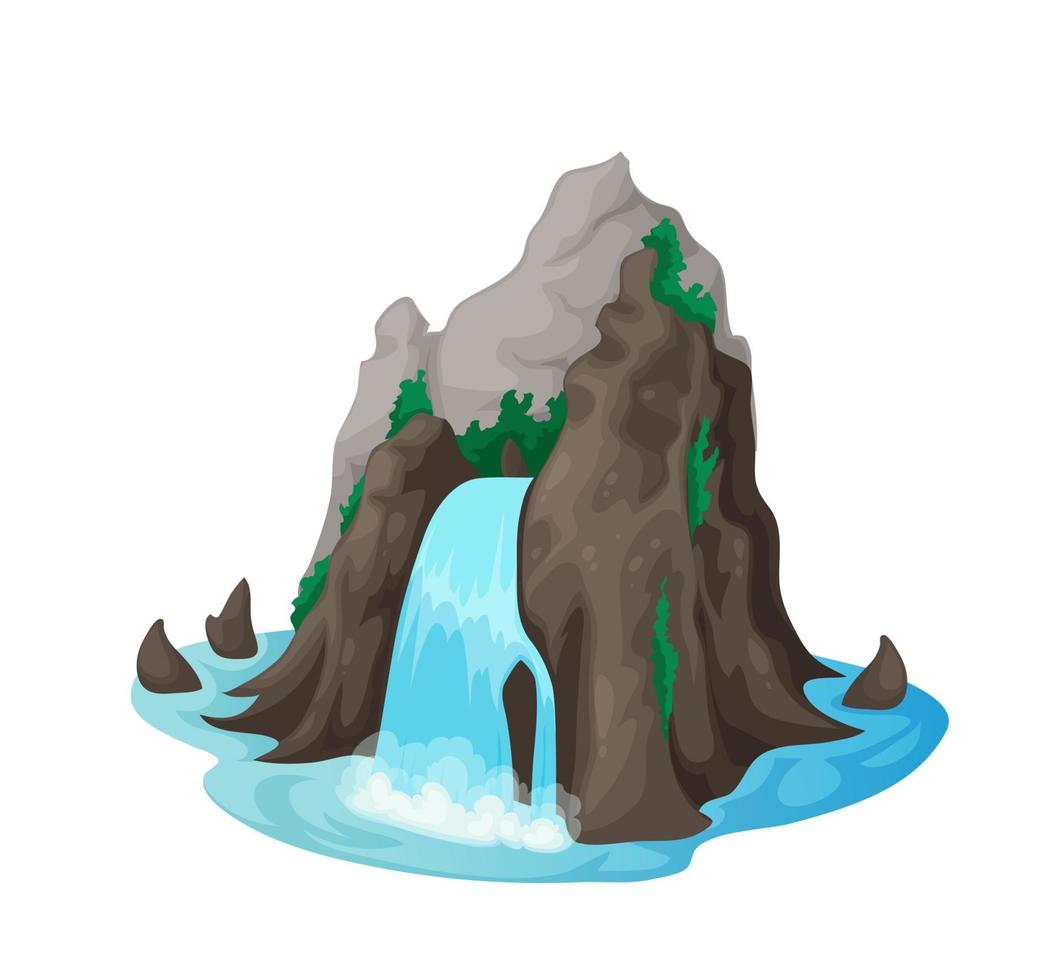 flod vatten kaskad, tecknad serie berg vattenfall vektor