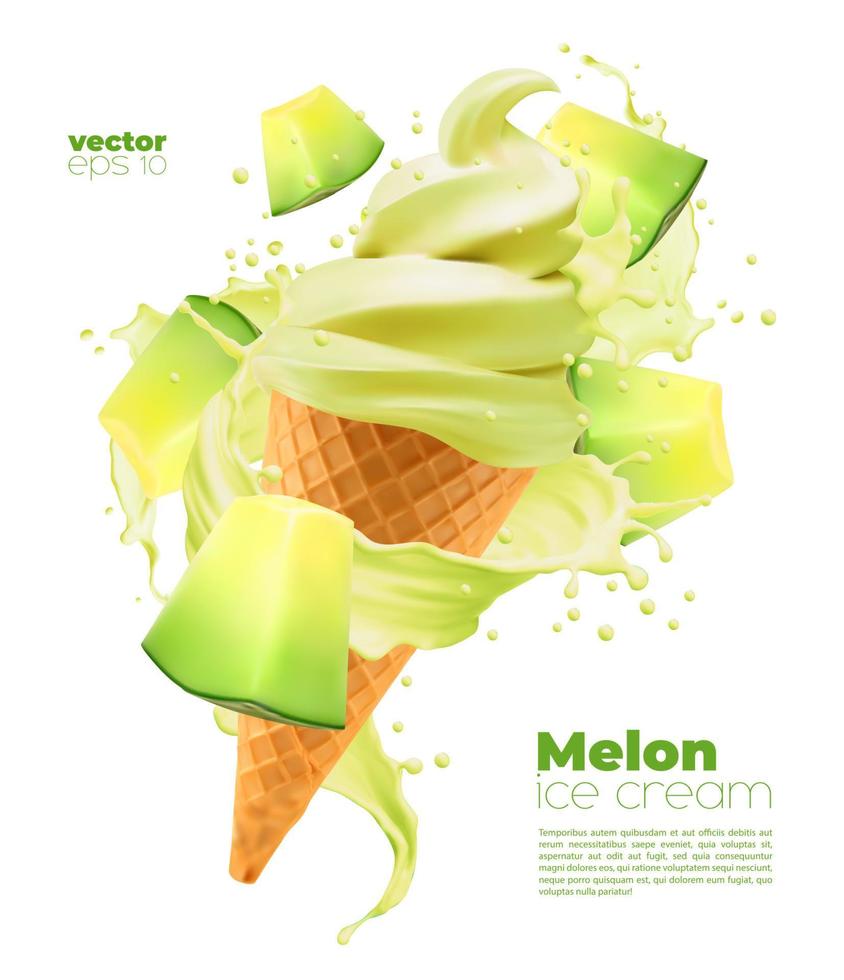 isolierte Melonen-Softeistüte mit Spritzer vektor
