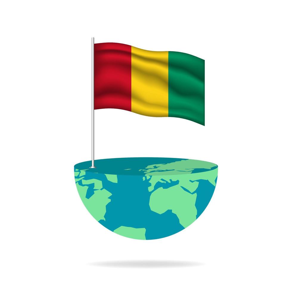 Guinea-Fahnenmast auf dem Globus. Fahnenschwingen auf der ganzen Welt. einfache Bearbeitung und Vektor in Gruppen. Nationalflaggenvektorillustration auf weißem Hintergrund.