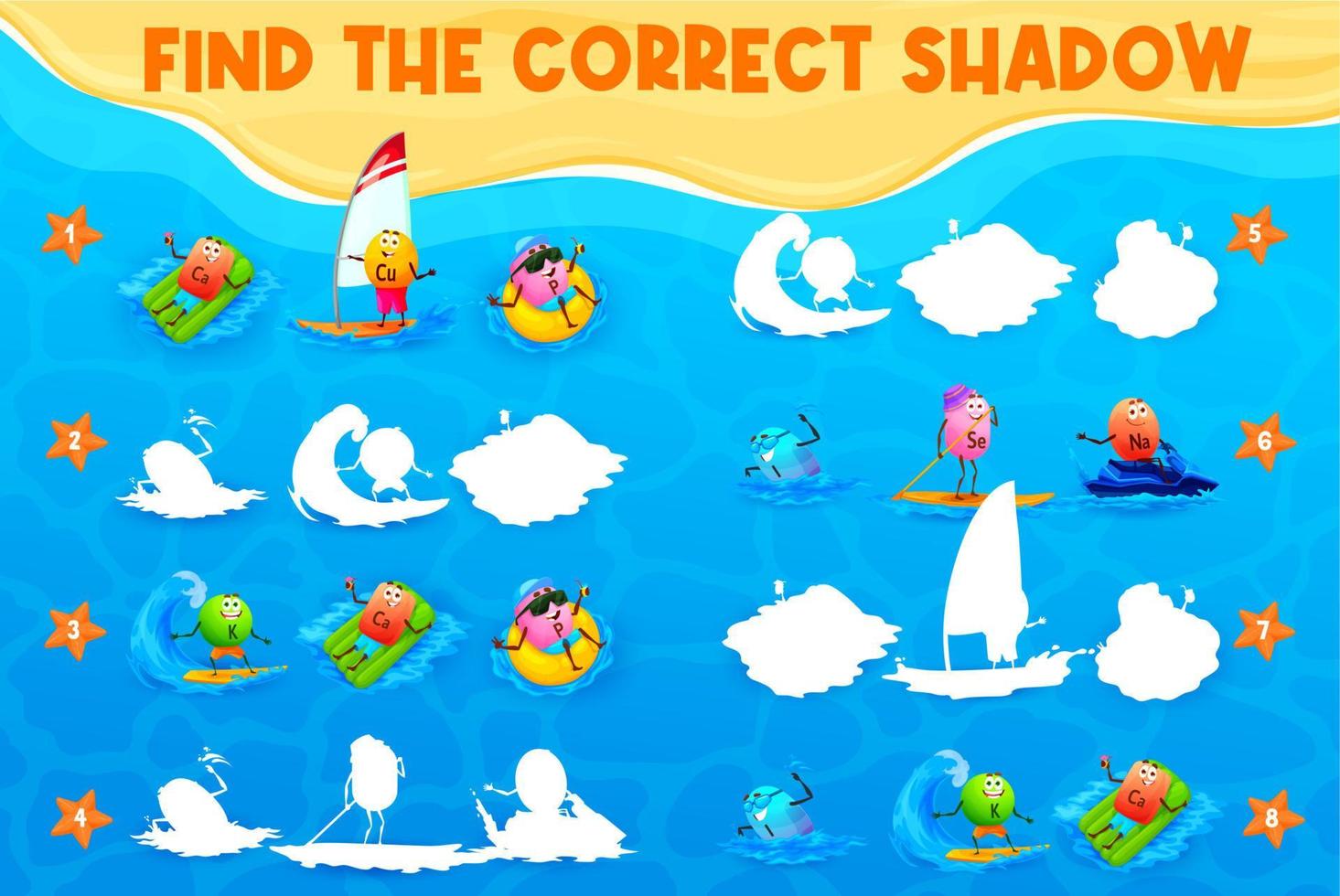 Finden Sie den richtigen Schatten von Vitamin-Zeichentrickfiguren vektor
