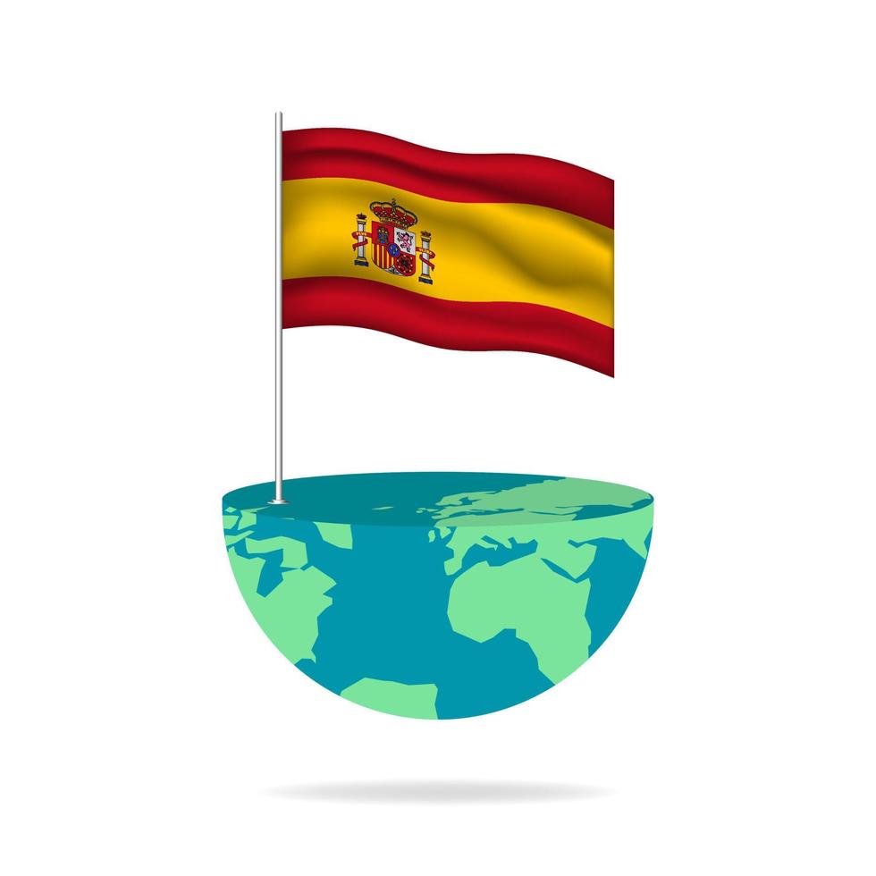 Spanien Fahnenmast auf dem Globus. Fahnenschwingen auf der ganzen Welt. einfache Bearbeitung und Vektor in Gruppen. Nationalflaggenvektorillustration auf weißem Hintergrund.
