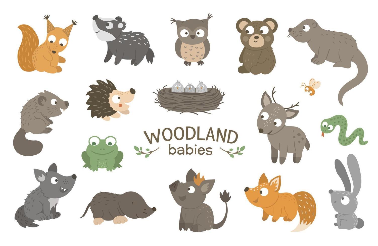 uppsättning av vektor hand dragen platt skog bebis djur. rolig animaliskt samling. söt skog illustration för barn design, skriva ut, brevpapper