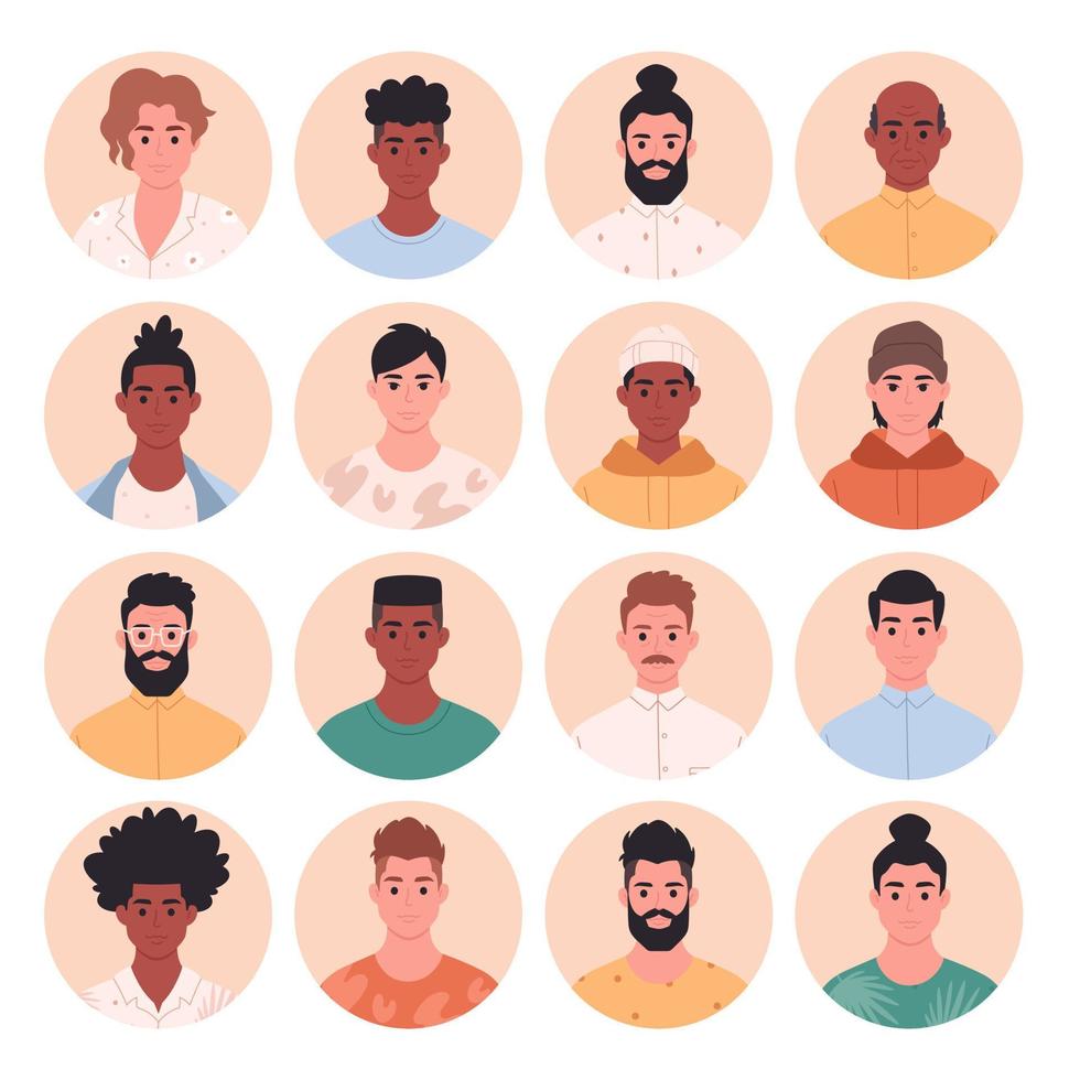 Männer-Avatar-Set. Männer unterschiedlichen Alters, Rassen, Aussehens. Multikulturelle Gemeinschaft. soziale Vielfalt der Menschen in der modernen Gesellschaft vektor