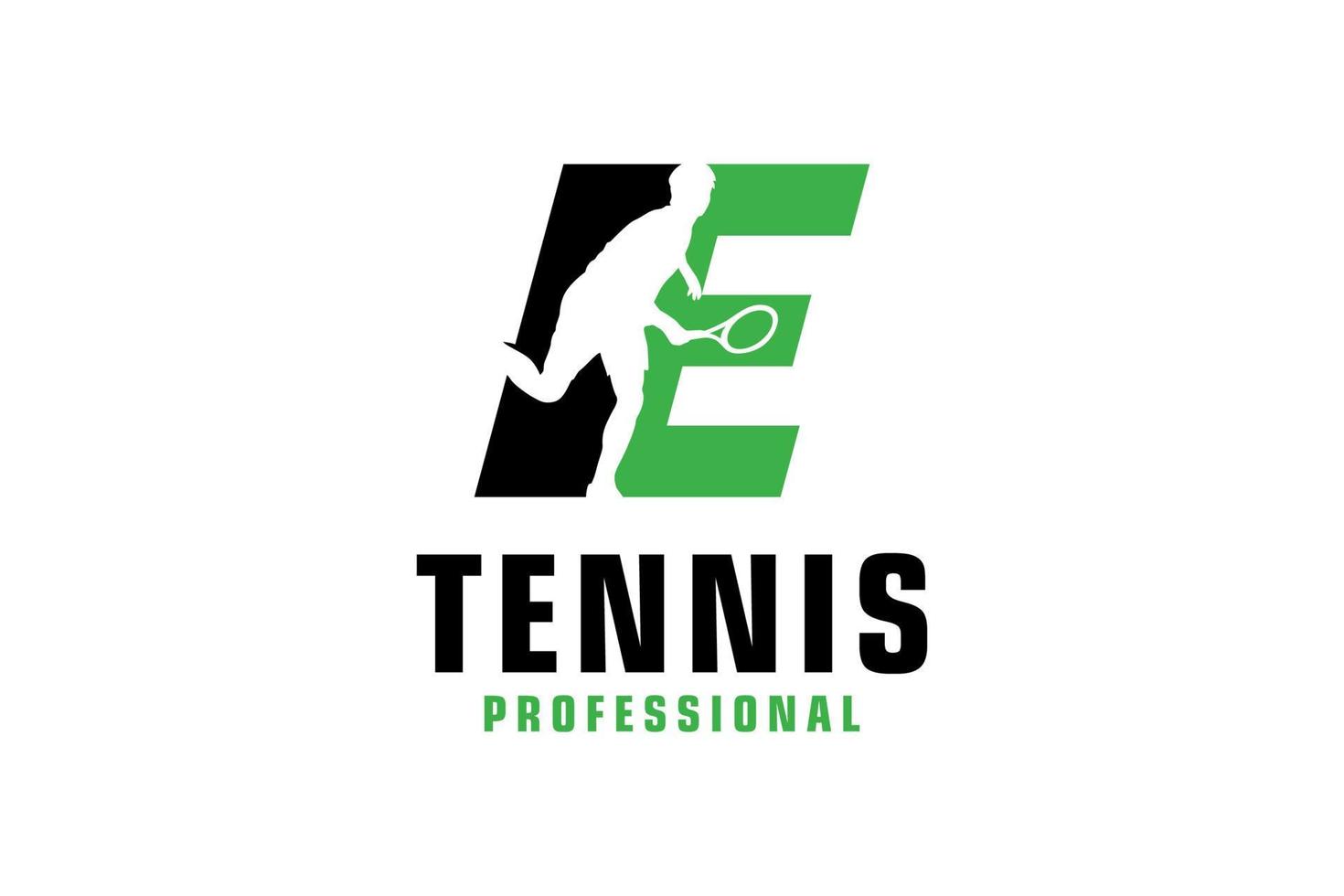 buchstabe e mit tennisspieler-silhouette-logo-design. Vektordesign-Vorlagenelemente für Sportteams oder Corporate Identity. vektor
