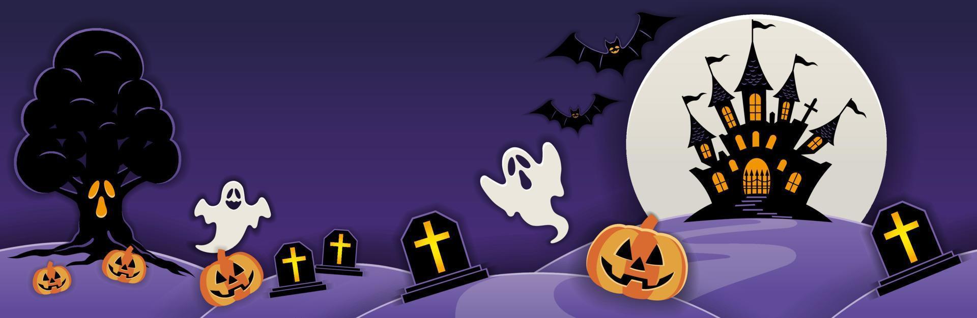sömlös Lycklig halloween vektor bakgrund illustration med besatt herrgård, full måne, besatt träd, spöken, och pumpor. vågrätt repeterbar.
