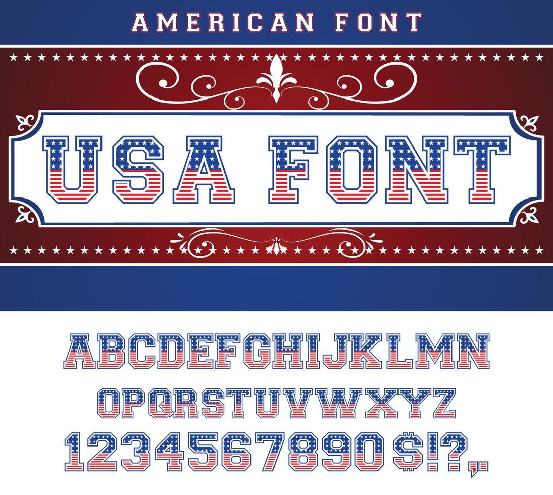 USA nationell flagga stiliserade platt font. alfabet och tal i vektor uppsättning
