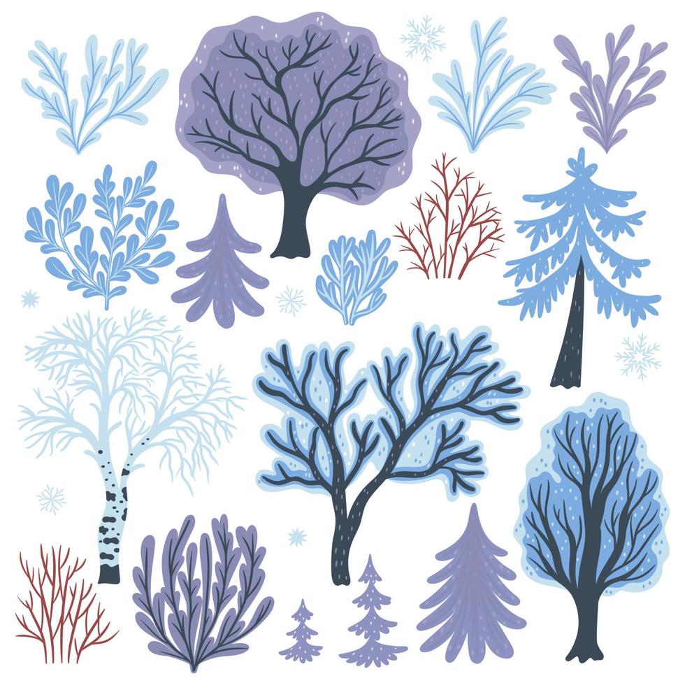uppsättning av vinter- buskar och träd isolerat på vit bakgrund. vektor grafik.