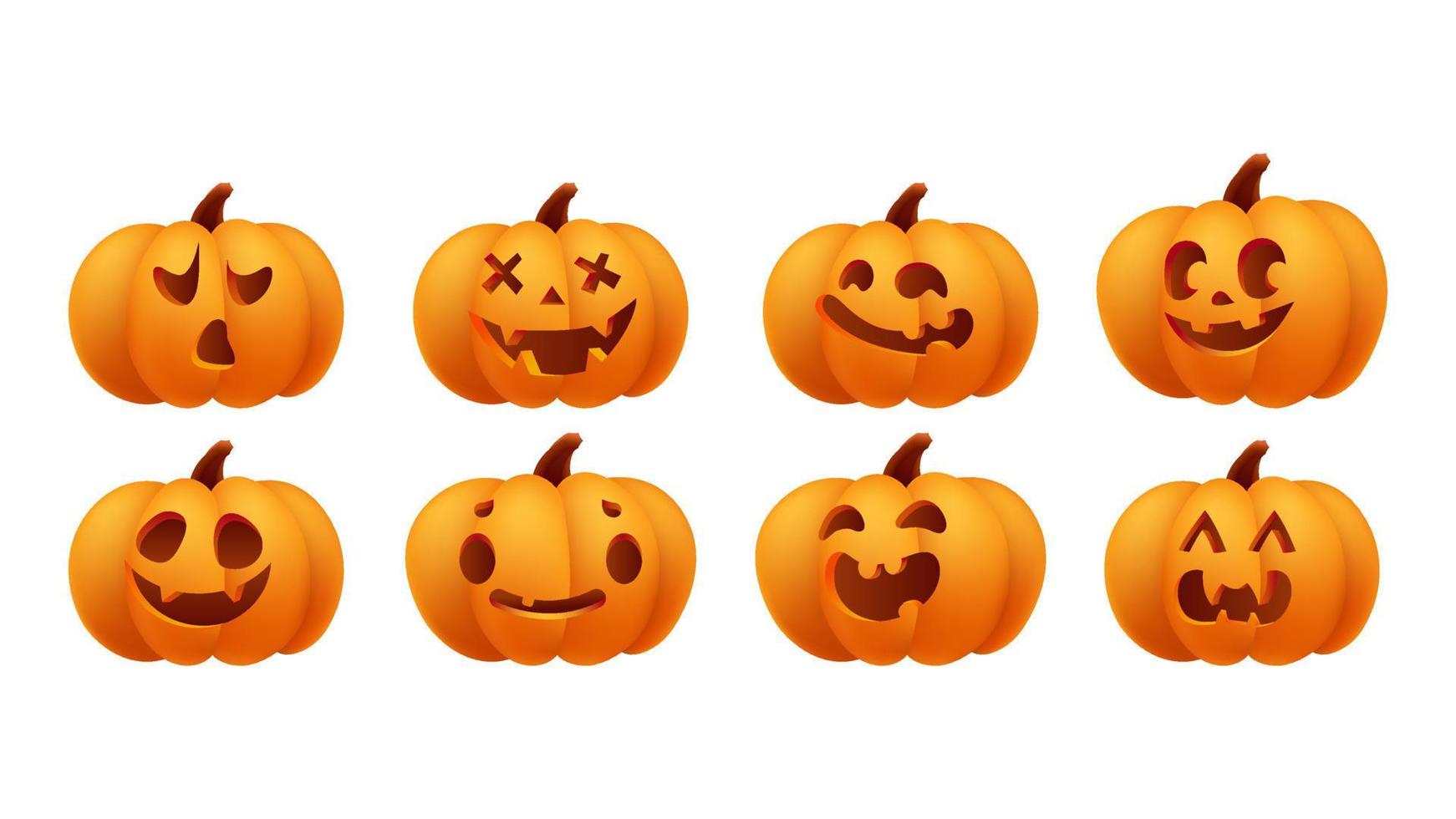 samling av halloween söt pumpor med ristade ansikten silhuetter. orange gul 3d känslor. mall med mängd av ögon, mun och näsor för skära ut domkraft o lykta. vektor illustration