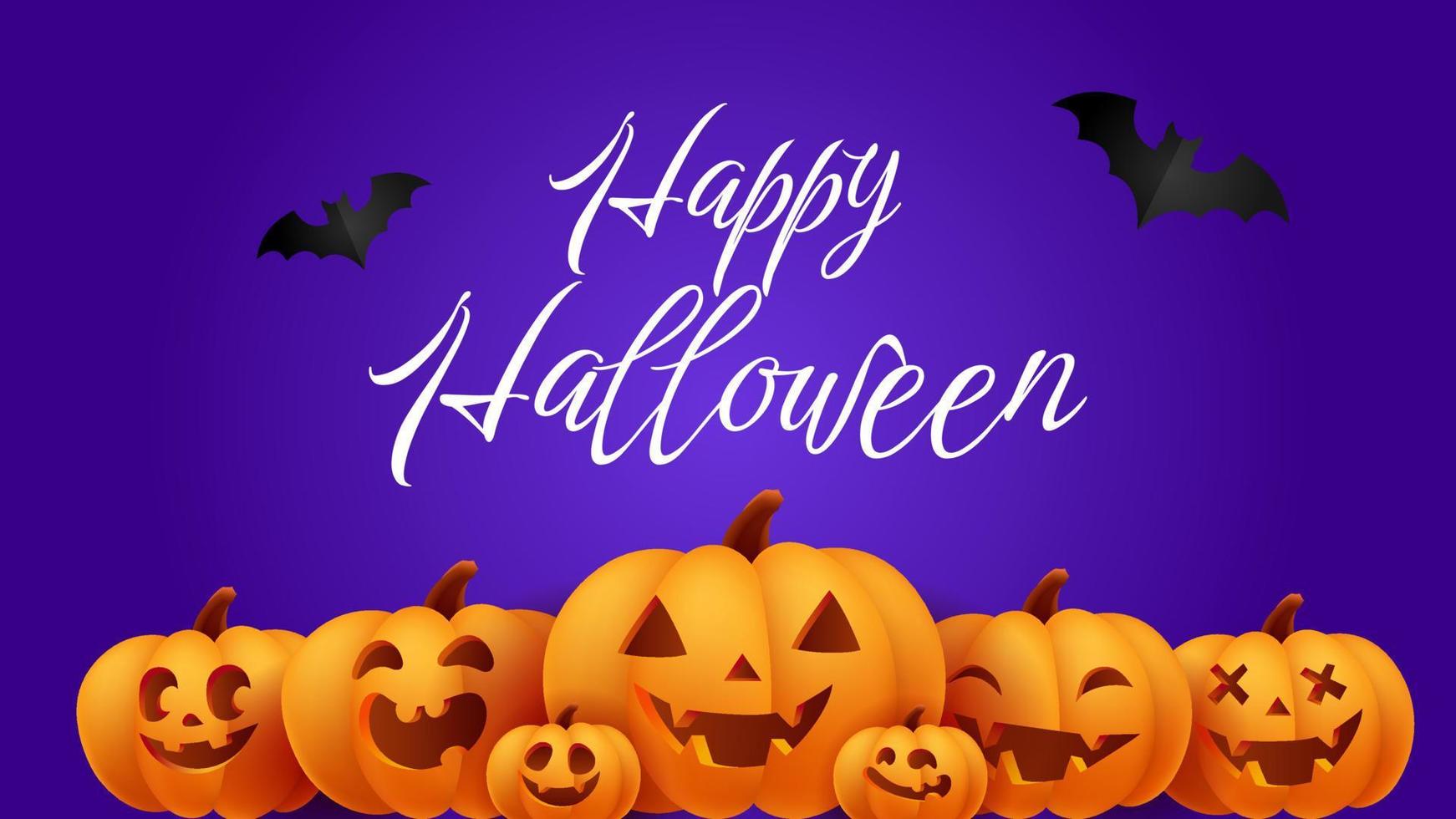 Happy Halloween lila Banner, Vorlage oder Partyeinladung Hintergrund mit Kürbisse und Fledermäusen. realistische kürbistapete der vektorillustration 3d. vektor