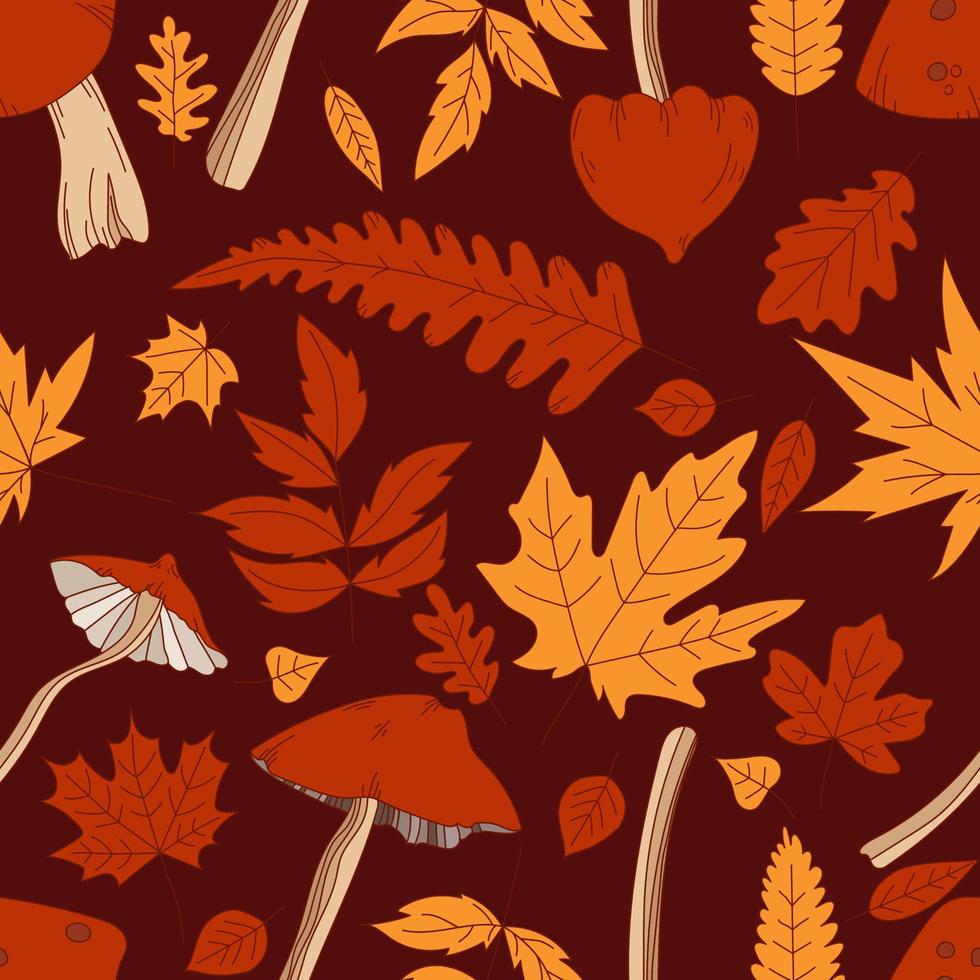 nahtloses Muster. handgezeichnete linie vektor verschiedene arten von pilzen und herbstlaub eiche, ahorn, birke, laub orange, gelb und rot. herbstblattillustration. flaches Design. Hintergrundtextur.