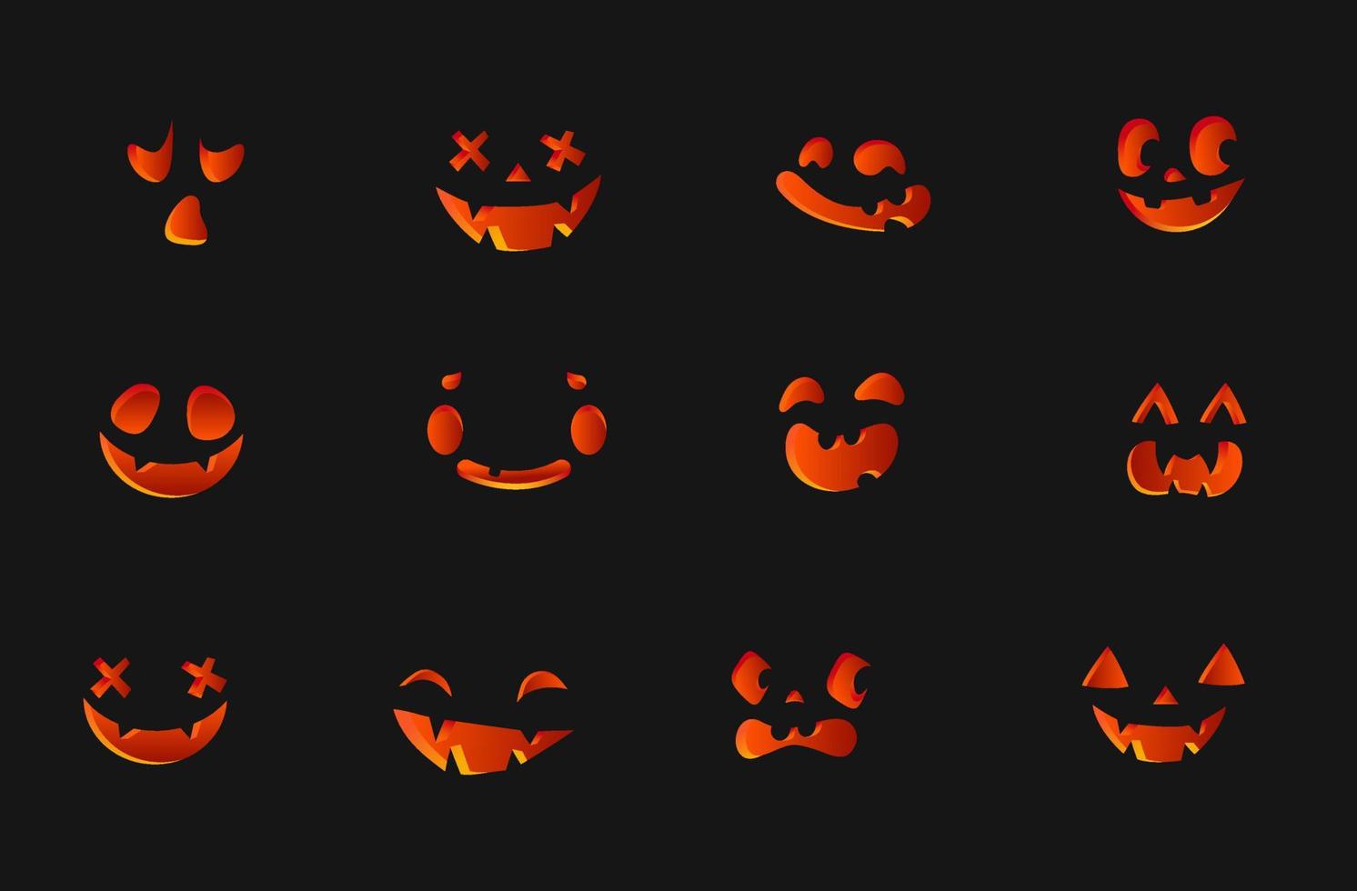 samling av halloween söt pumpor ristade ansikten silhuetter. orange röd 3d lysande känslor. mall med mängd av ögon, mun och näsor för skära ut domkraft o lykta. vektor illustration