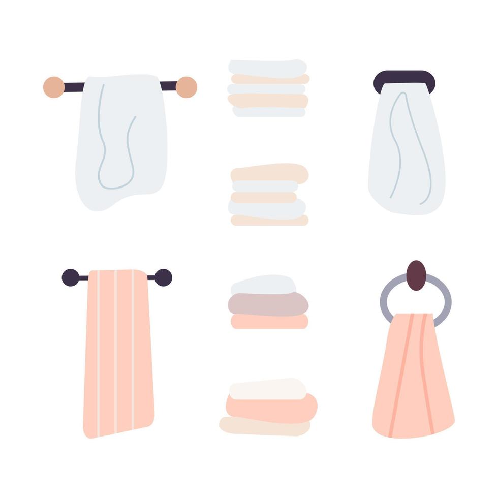 flache Bade- und Küchentücher. Cartoon-Stoff, der am Haken hängt, vektor