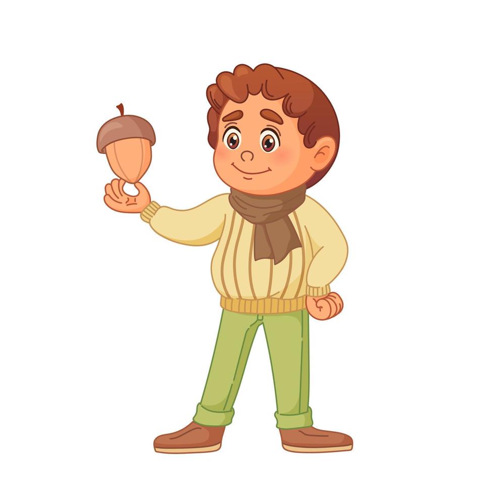 Lycklig pojke med ekollon. leende karaktär innehar nöt i hand. höst illustration i tecknad serie stil. vektor konst isolerat på vit bakgrund.