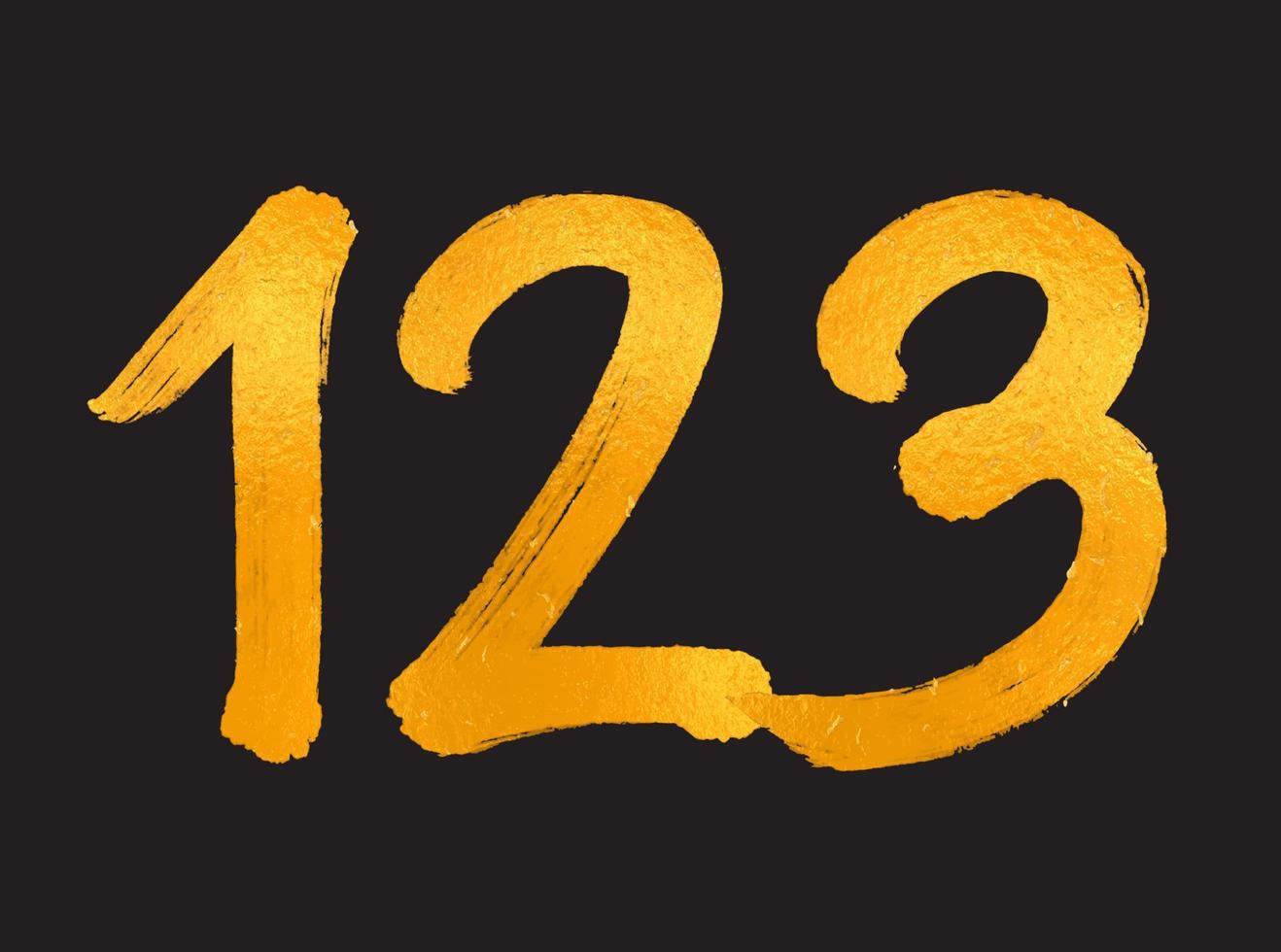 123-Nummern-Logo-Vektorillustration, 123-jähriges Jubiläumsfeier-Vektorvorlage, 123. Geburtstag, Goldbeschriftung Zahlen Pinselzeichnung handgezeichnete Skizze, Nummern-Logo-Design für Druck, T-Shirt vektor