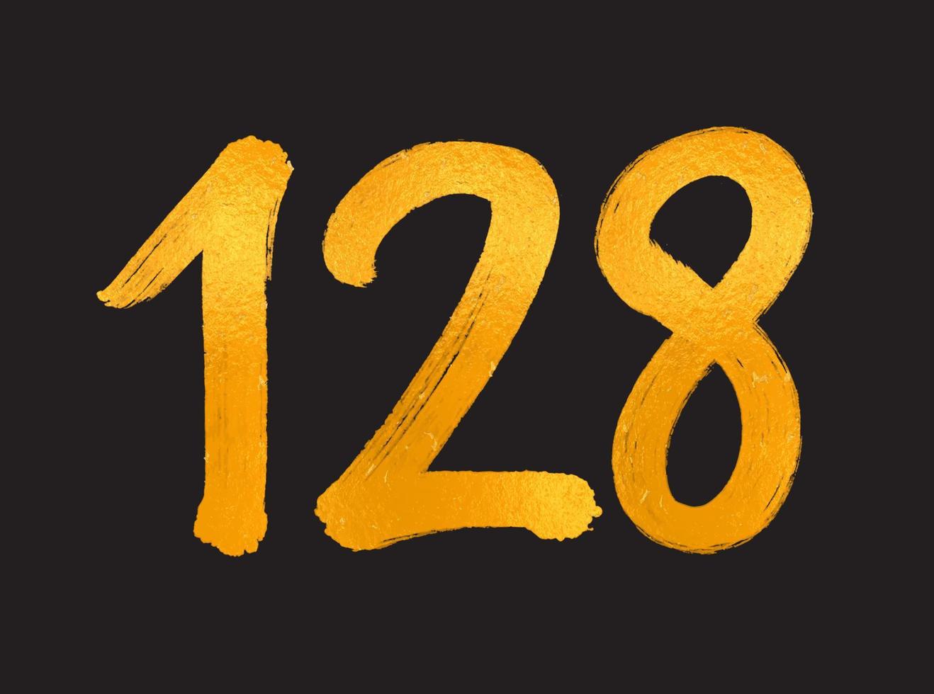 128-Nummern-Logo-Vektorillustration, 128-jährige Jubiläumsfeier-Vektorvorlage, 128. Geburtstag, Goldbeschriftung Zahlen Pinselzeichnung handgezeichnete Skizze, Nummern-Logo-Design für Druck, T-Shirt vektor