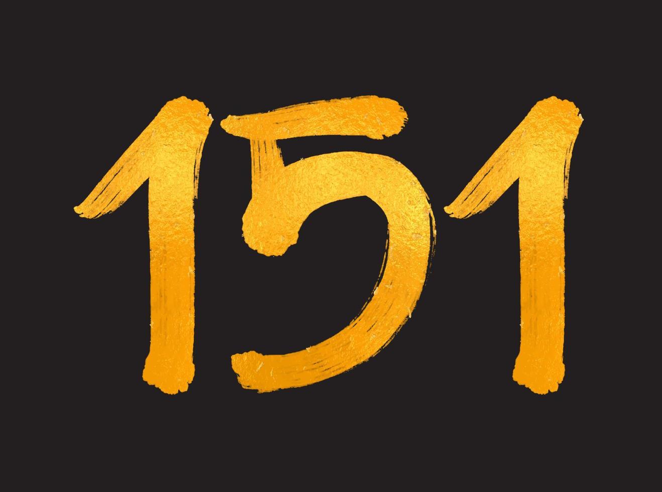 151 siffra logotyp vektor illustration, 151 år årsdag firande vektor mall, 151:a födelsedag, guld text tal borsta teckning hand dragen skiss, siffra logotyp design för skriva ut, t skjorta