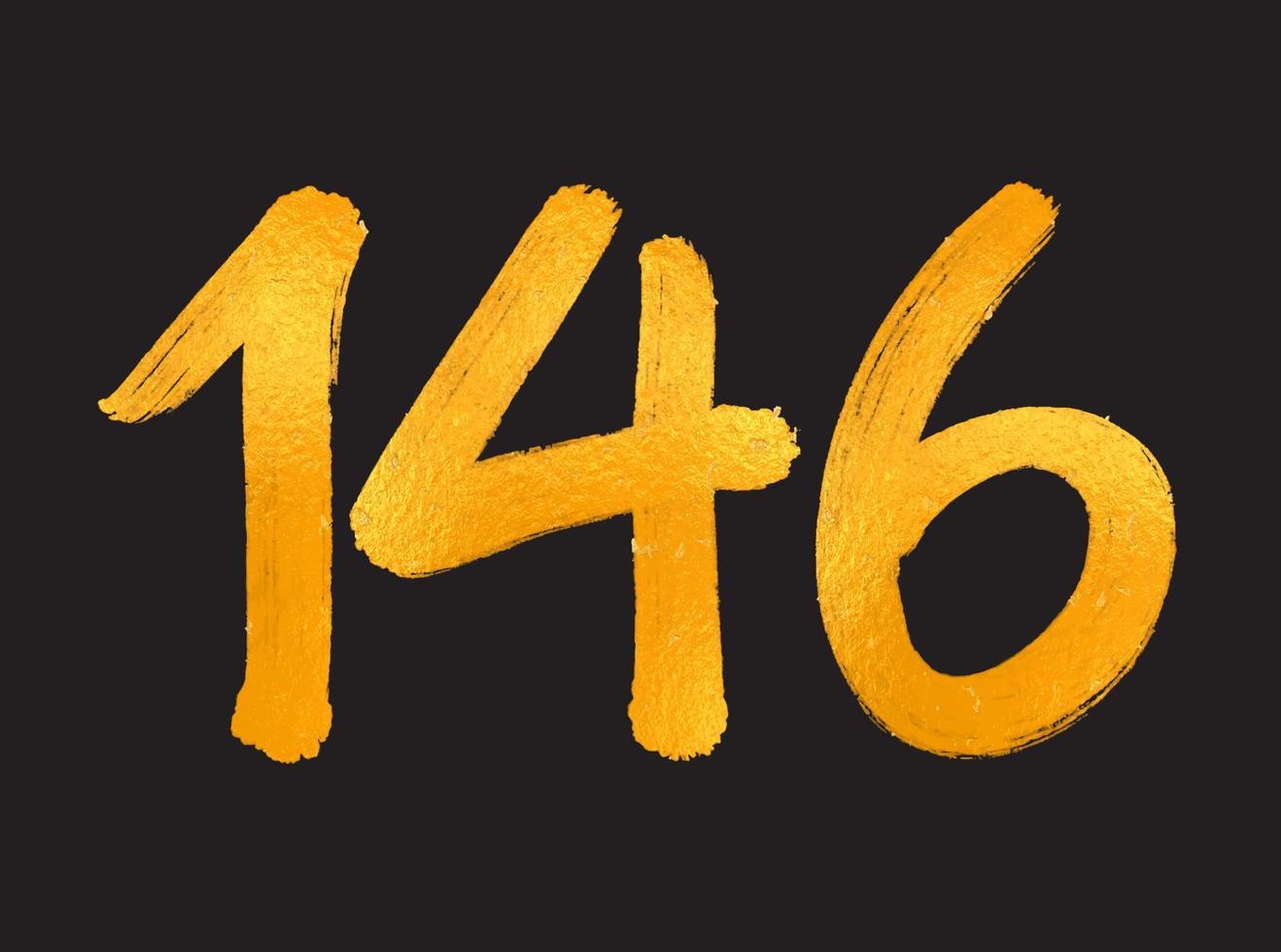 146 siffra logotyp vektor illustration, 146 år årsdag firande vektor mall, 146:e födelsedag, guld text tal borsta teckning hand dragen skiss, siffra logotyp design för skriva ut, t skjorta