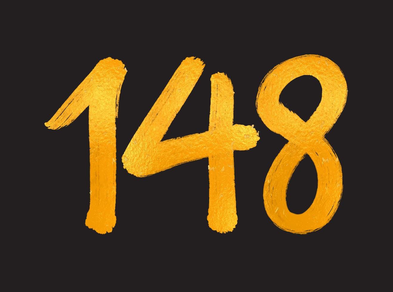 148 siffra logotyp vektor illustration, 148 år årsdag firande vektor mall, 148:e födelsedag, guld text tal borsta teckning hand dragen skiss, siffra logotyp design för skriva ut, t skjorta