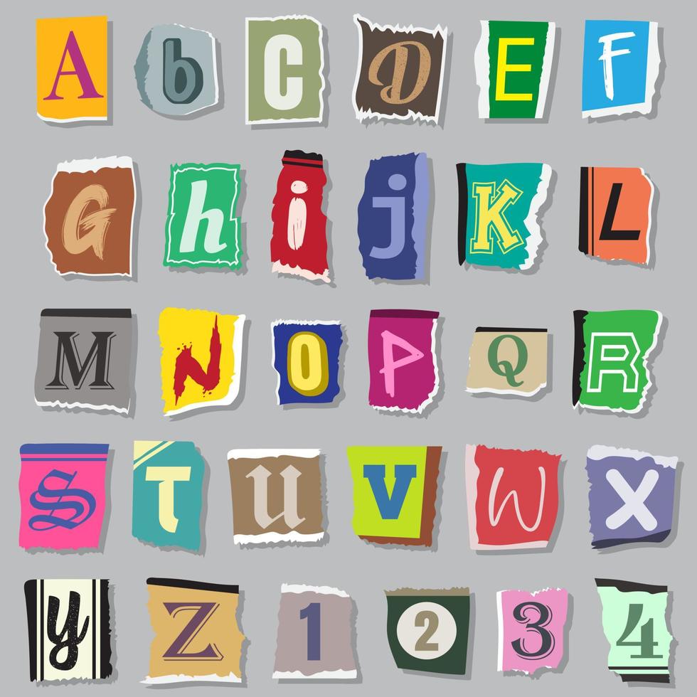 buntes alphabet mit aus zeitungen gerissenen buchstaben vektor