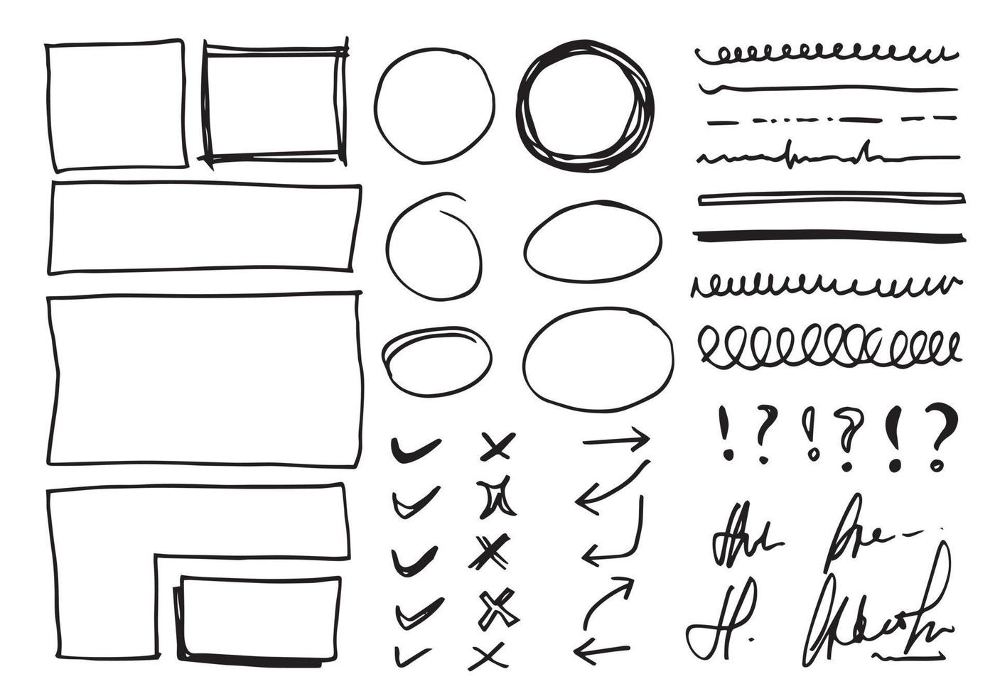 gekritzelvektorlinien und kurven. handgezeichnete scheck- und pfeilzeichen. satz einfacher kritzellinien, kurven, rahmen und punkte. Sammlung von Bleistifteffekten. Doodle-Grenze. einfaches Doodle-Set. vektor