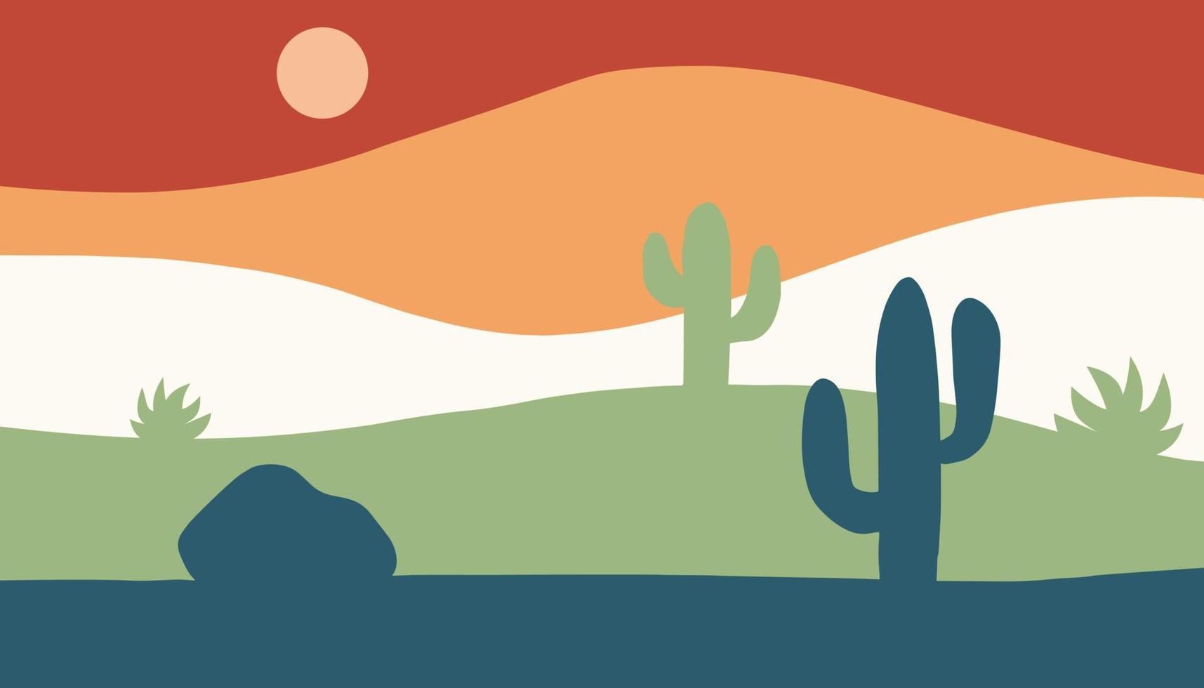 Vektor minimalistischer zeitgenössischer Hintergrund. südwestliche Wüstenberglandschaft mit Kakteen im flachen Stil. tapete oder banner für web und soziale medien