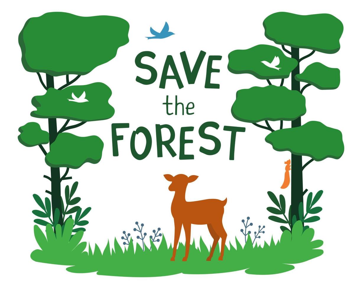 spara de skog begrepp med grön växter, rådjur och fåglar silhuetter vektor illustration. skriva ut för eco väska, vykort, affisch, folder