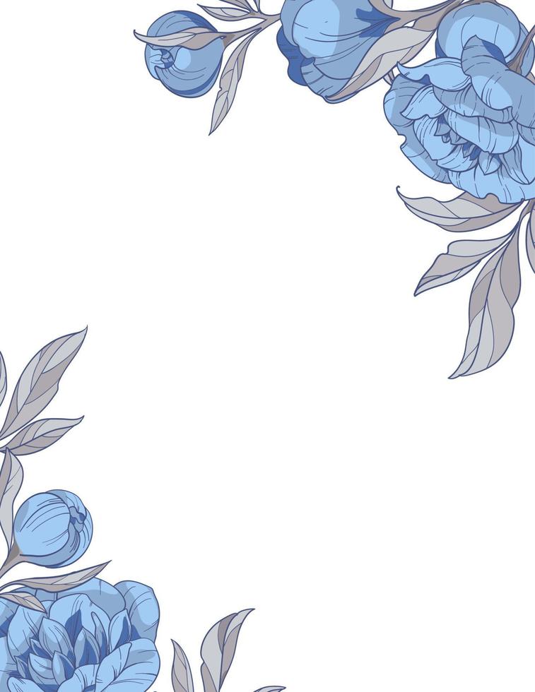 fyrkant ram med blå pioner blommor, hand dragen vektor illustration.