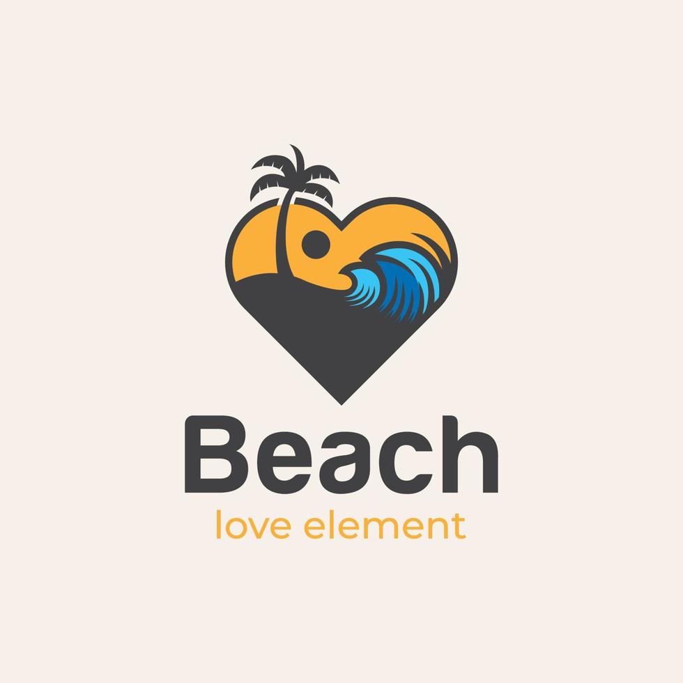 Liebes-Ozeanbrandungs-Vektorelement-Logodesign für Sommerstrand mit Sonnenuntergang, Ferienlogoillustration vektor