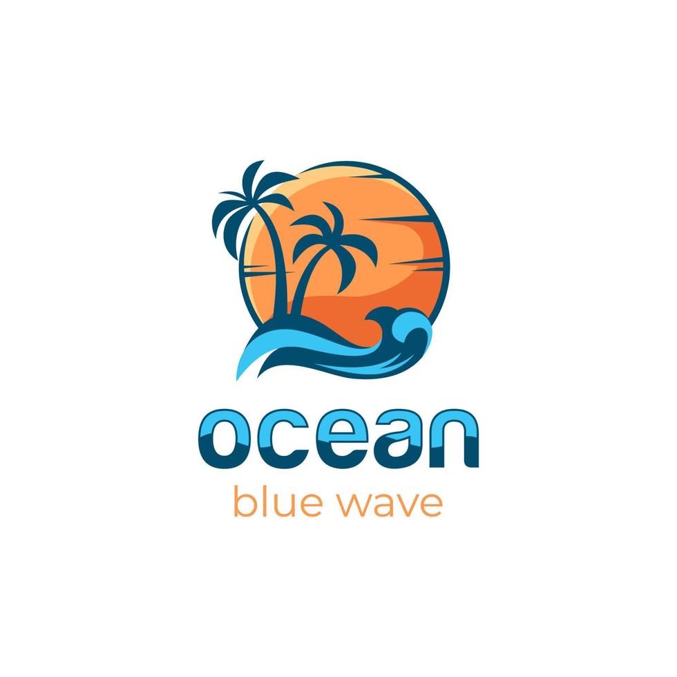 Ozeanbrandungsvektorelement-Logodesign für Sommerstrand mit Sonnenuntergang, Ferienlogoillustration vektor