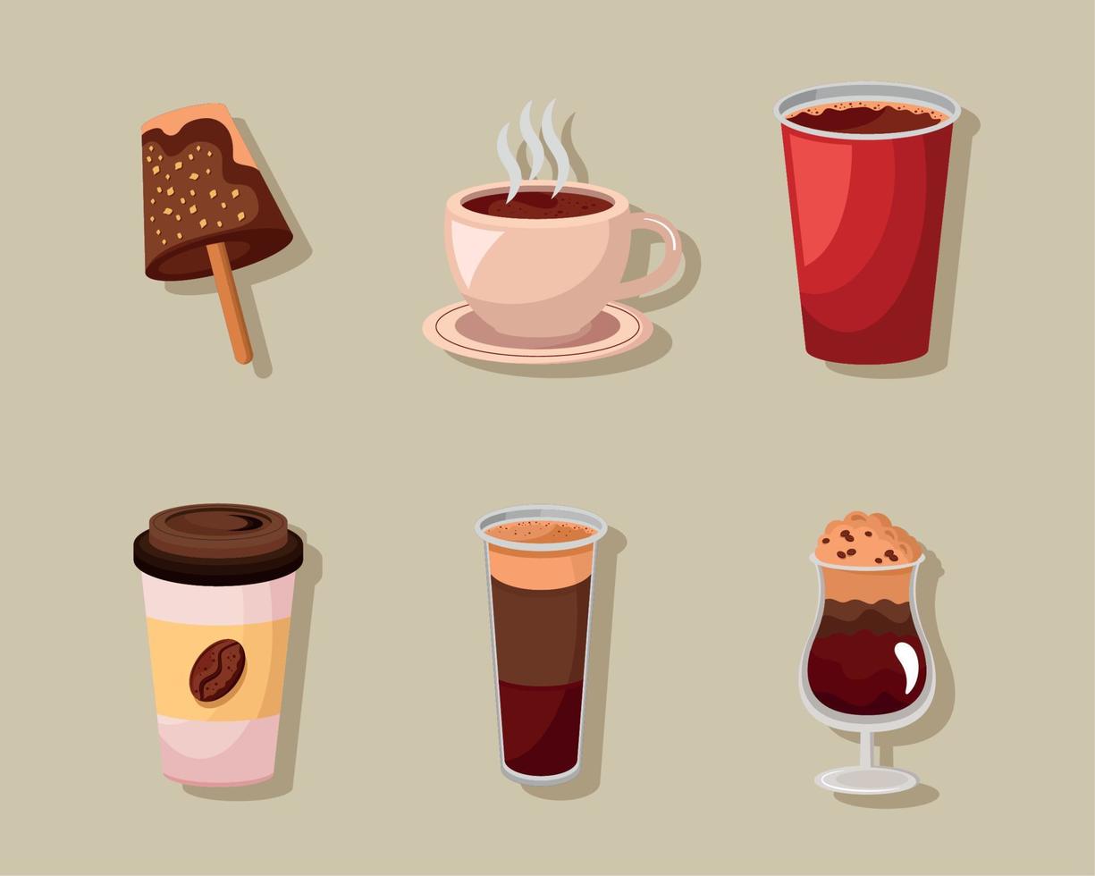 sex kaffedryck ikoner vektor