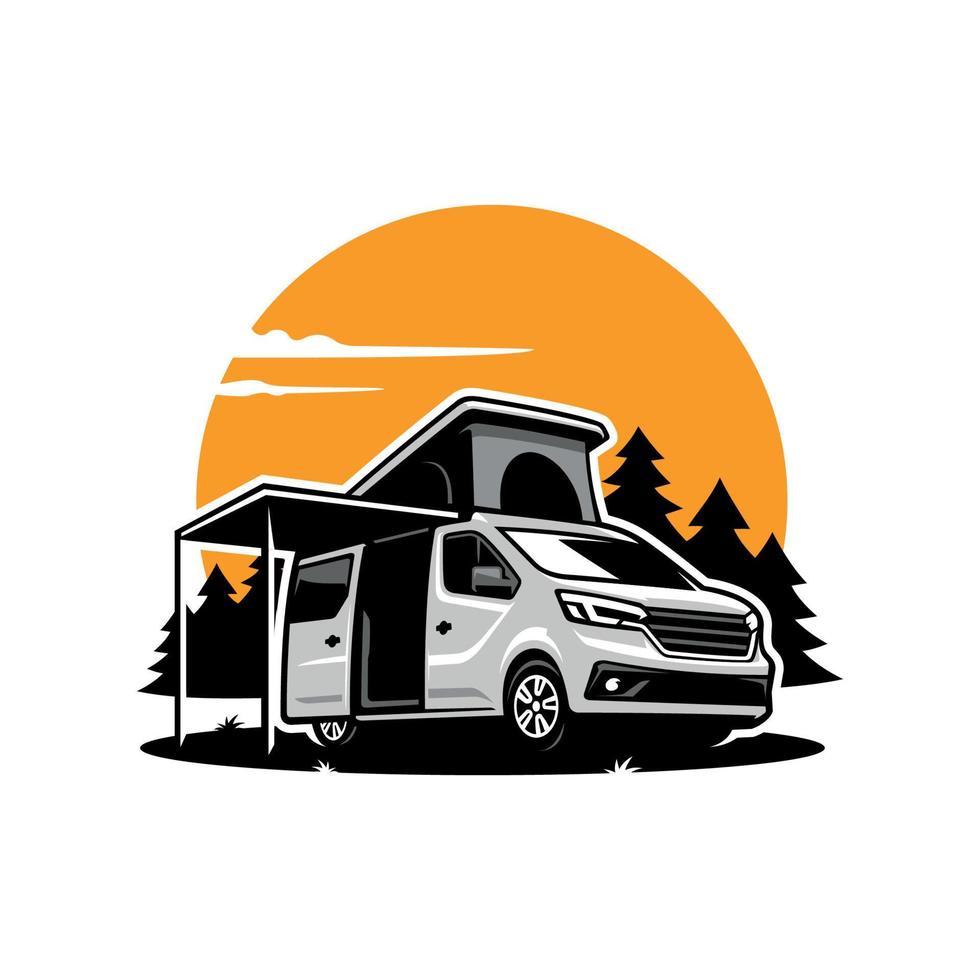 camping bil husbil skåpbil med pop- upp tält och markis illustration logotyp vektor