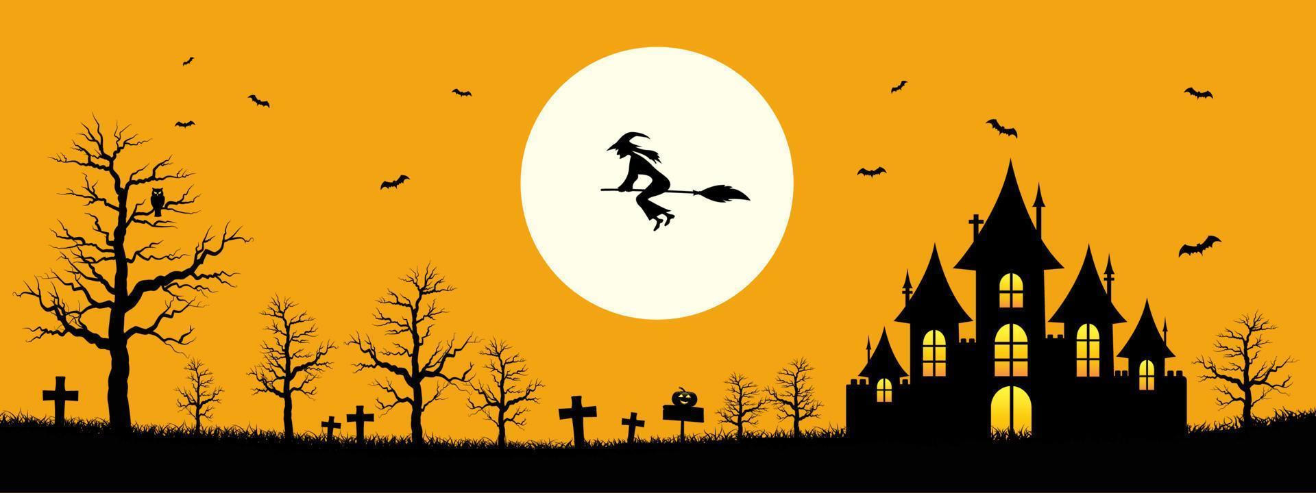 Happy Halloween Template Banner Hintergrund, Design mit Schloss, Hexe, Fledermaus und Vollmond auf orangefarbenem Hintergrund vektor