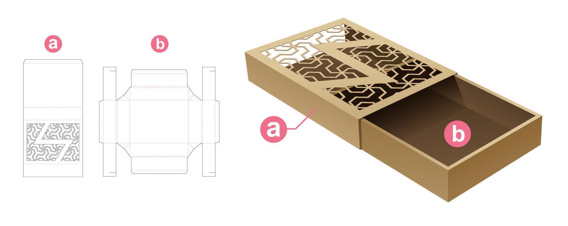 Karton-Schiebebox mit schablonierter Streifenmuster-Stanzschablone und 3D-Modell vektor