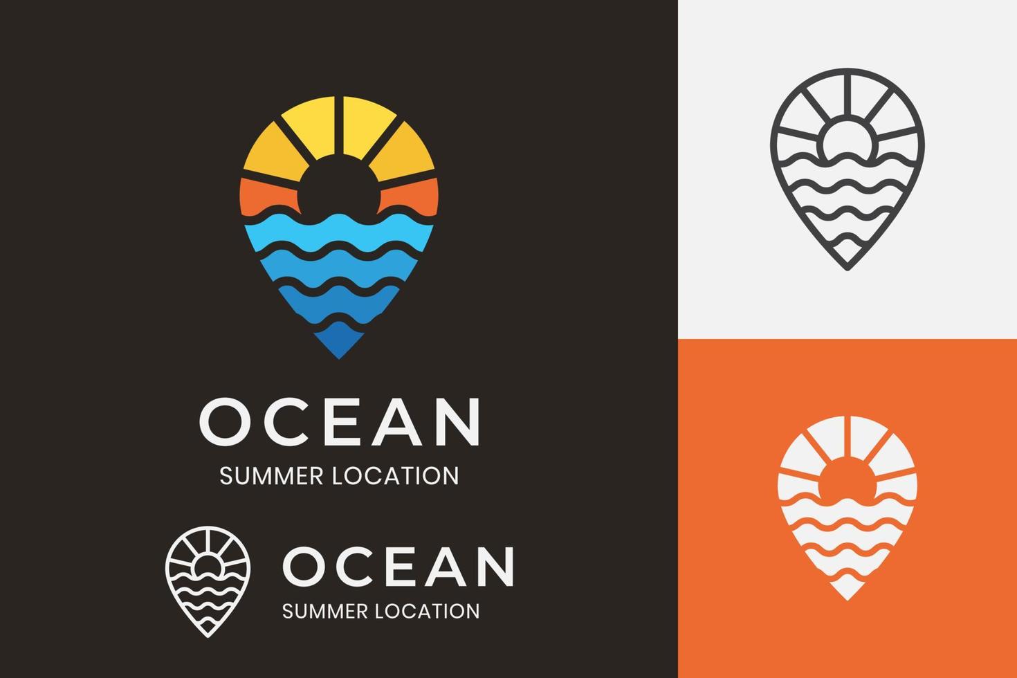 Sonniger Ort Logo-Design mit Pin-Karte und Sommersonnenzeichen, Symbol, Symbol für Strandreisebüro-Firmenlogo vektor