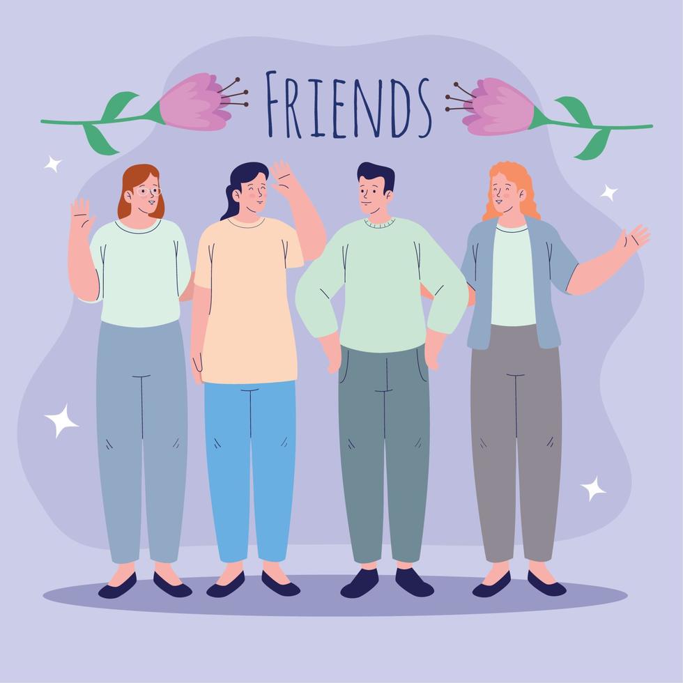 Friends-Schriftzug und vier Personen vektor